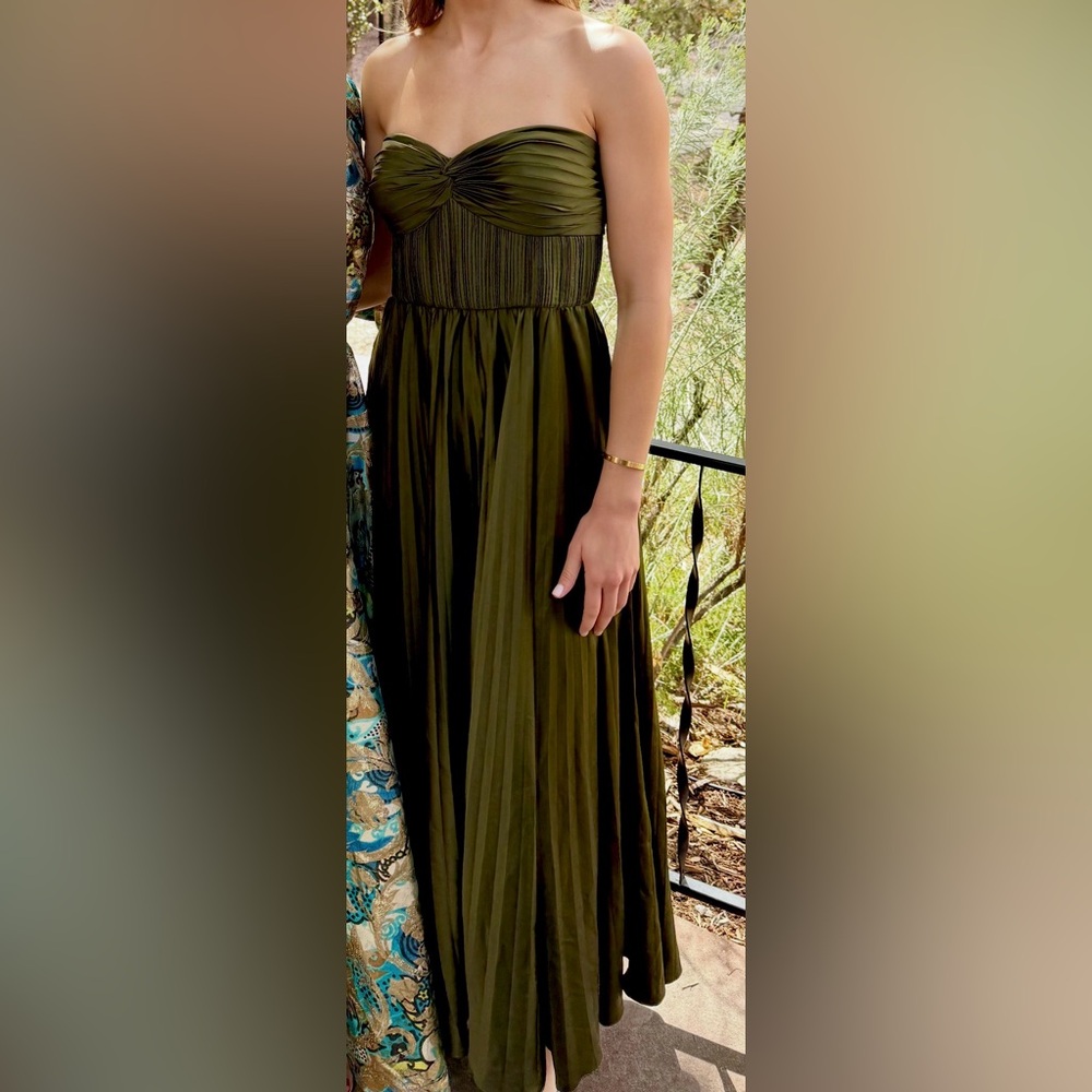 AMUR Olive Green Strapless Pleated Maxi Gown